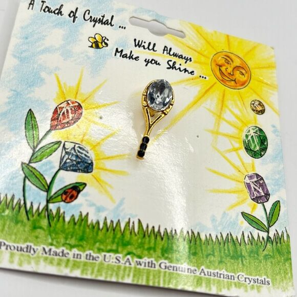 Gold Clear Genuine Austrian Crystal Tennis Brooch Pin - Picture 2 of 4